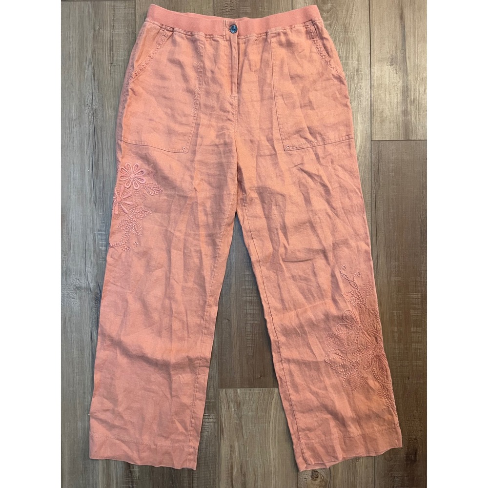 J. Jill Women 8 Pink Linen Embroidered Floral Wide Leg Pants Coastal Boho Salmon